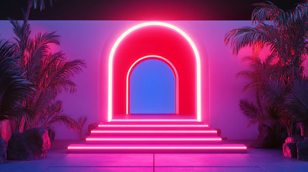A central arched portal glows with pink and white neon light, leading up illuminated steps. Tropical palm trees and rocks frame the futuristic, vibrant structure.の素材