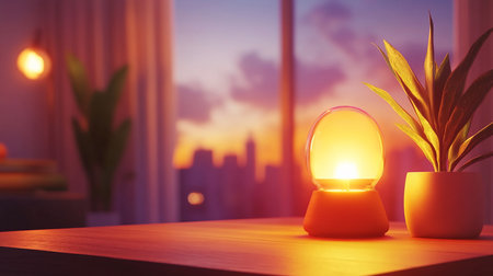 A spherical lamp with a bright, warm light source inside a clear glass orb, resting on a wooden base.の素材