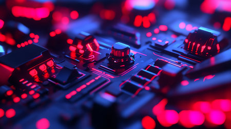 Detailed view of a dark circuit board with glowing red and blue lights, showcasing intricate electronic components and futuristic design elements.の素材