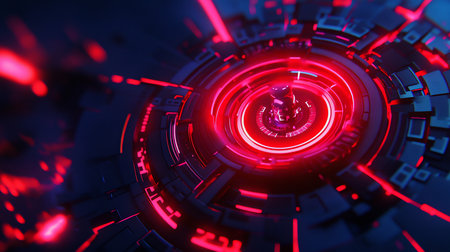 A close-up, abstract view of a complex, circular mechanical structure with intricate geometric patterns and vibrant red and blue glowing lights.の素材
