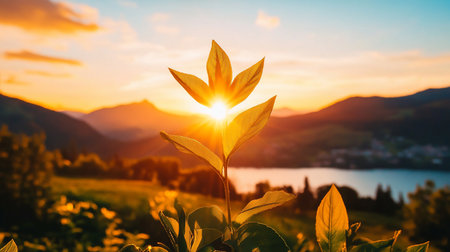 Backlit leaves with visible veins, illuminated by a bright sunburst. The foliage is golden, creating a silhouette effect.の素材
