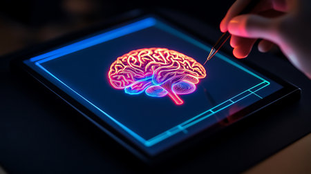 A stylized brain illustration with glowing neon lines, displayed on a tablet screen, with a stylus pointing towards it.の素材