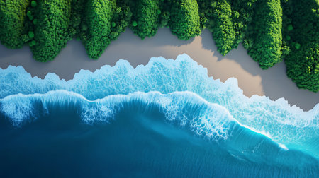 Aerial view of a tropical island's edge, featuring dense green foliage meeting a sandy beach and vibrant turquoise ocean waves.の素材