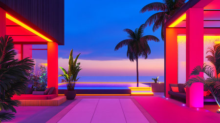 A modern villa features vibrant neon lighting, palm trees, and a pool. The architecture is sleek, with a focus on color and light.の素材