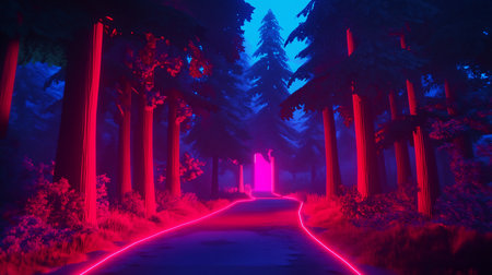 A surreal forest scene with tall trees, a path illuminated by neon pink light, and a glowing portal at the end.の素材