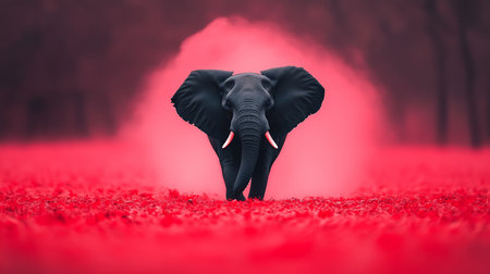 A powerful, dark-skinned elephant with large, fanned-out ears and prominent tusks, captured in a direct, forward-walking pose with textured, wrinkled skin.の素材