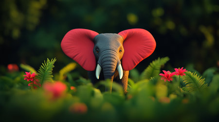 A close-up, front-facing view of a gray elephant with striking bright red ears, its tusks visible, surrounded by vibrant green foliage and delicate pink flowers.の素材