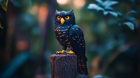 A detailed figurine of a black owl with bright orange eyes and golden speckles, perched on a textured wooden stump, with a blurred natural background.の素材