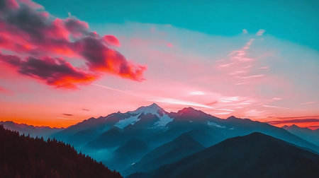A scenic view of layered mountains with snow-covered peaks under a vibrant pink and blue sky at dusk.の素材