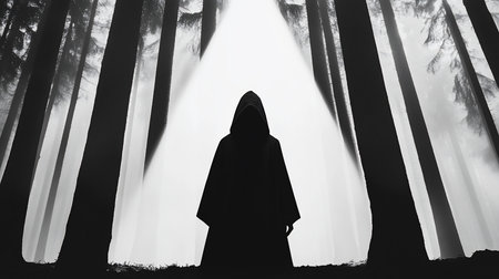 A solitary figure cloaked in black stands silhouetted against a bright light, emerging from a dark, misty forest.の素材
