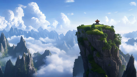 Towering, jagged mountains with green foliage and a traditional red-roofed pagoda on a high cliff, majestically rising above a serene sea of white clouds.の素材