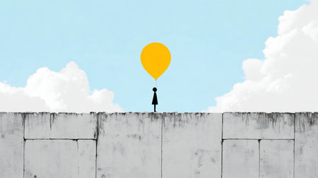 A black silhouette of a person holding a yellow balloon, standing on a concrete wall. The balloon is large and round.の素材