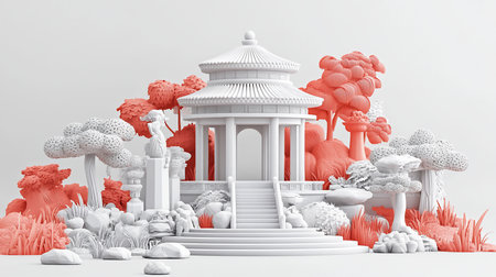 A miniature diorama featuring a white multi-tiered pagoda, surrounded by stylized coral-colored trees and white textured foliage.の素材