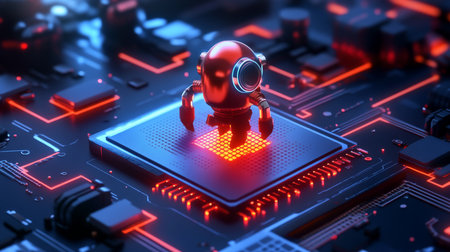 A miniature, shiny red robot with a circular, glowing blue eye stands on a large, blue microchip with illuminated orange circuitry.の素材