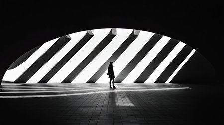 A silhouetted woman stands, facing left, in a coat and carrying a bag. The scene is lit by strong diagonal stripes of light.の素材