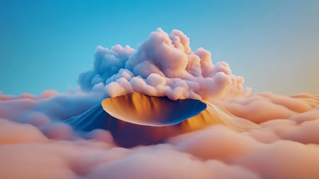 Smooth, undulating golden-orange peak with a deep blue shadowed valley, surrounded by soft, voluminous pink and blue clouds.の素材