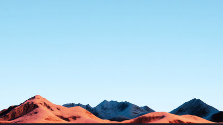 A minimalist 3D rendering of a mountain range with contrasting textures and colors: warm, sunlit red rock in the foreground and cold, snowy blue peaks behind.の素材