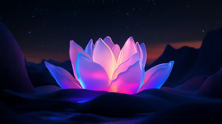A luminous lotus flower with translucent petals, featuring a gradient of blue and purple hues, emits a soft, warm glow from its center.の素材