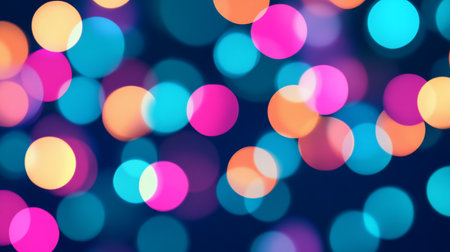 A vibrant abstract image featuring numerous blurred, circular light orbs in various colors. The orbs overlap, creating a bokeh effect.の素材