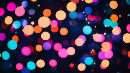 Image features numerous blurred, circular bokeh lights in vibrant colors, including pink, orange, blue, and purple, against a dark background.の素材