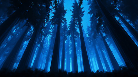 A dramatic low-angle view of a dense redwood forest, illuminated by a vibrant, mystical blue light that casts long shadows and creates a surreal atmosphere.の素材