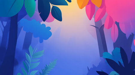 Stylized illustration of a whimsical forest scene with bold, flat-colored leaves and trees in shades of blue, pink, and orange.の素材