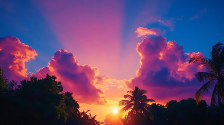 A colorful sunset sky with pink and orange clouds, sun rays, and silhouetted trees.の素材