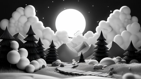 A small, cartoon-like character with a round body and simple features walks along a wooden path. The character is in a stylized, monochromatic night scene.の素材