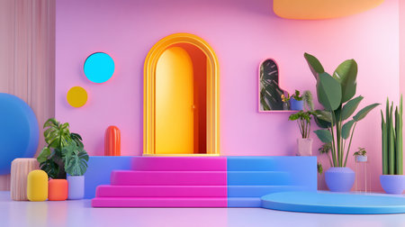 A golden door with an arched frame stands against a pink wall, flanked by pink and blue steps. The scene is stylized and colorful.の素材