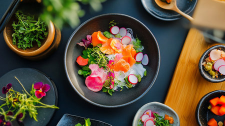 A colorful and fresh salmon sashimi salad presented in a dark bowl, featuring thinly sliced salmon, vibrant radishes, microgreens, and edible flowers.の素材