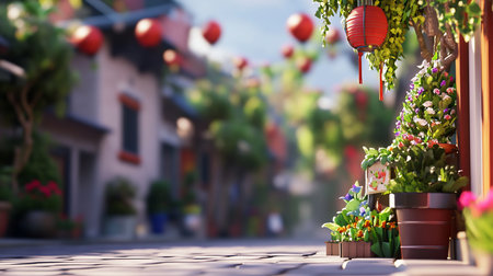 A detailed red paper lantern with tassels hangs from a leafy branch above a collection of vibrant potted plants with small, colorful flowers in purple, white, and orange.の素材