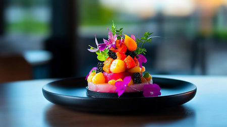 Artfully arranged dessert featuring a pink base, diced tropical fruits, blackberries, and delicate purple edible flowers, presented on a dark plate.の素材