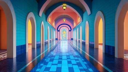 A long, symmetrical architectural corridor featuring vibrant teal tiled walls, numerous arched openings, and a reflective blue checkered floor leading to a colorful stained glass window.の素材
