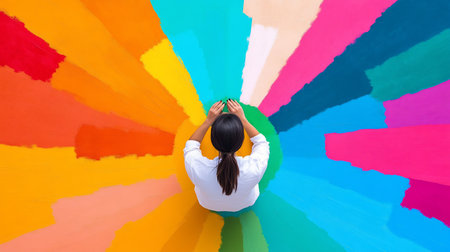 Woman with dark hair in a ponytail, wearing a white shirt, with hands raised on a surface painted with vibrant, radiating colors.の素材