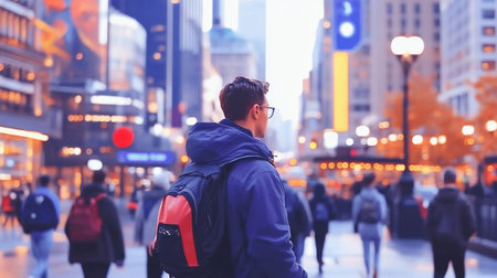 A young man, viewed from the back, wearing a blue jacket and glasses, with a backpack. He is looking at the city.の素材