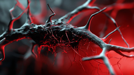 A close-up of a dark, rough-textured organic mass with spiky grey branches and a dense, intricate web of thin, glowing red filaments creating a stark, vibrant contrast.の素材