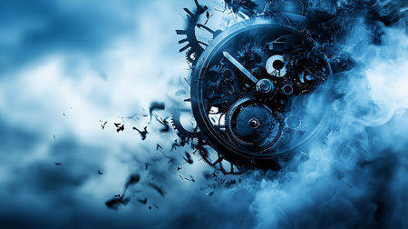 A partially disintegrated clock with visible gears and hands, surrounded by smoke and fragments, rendered in shades of blue.の素材