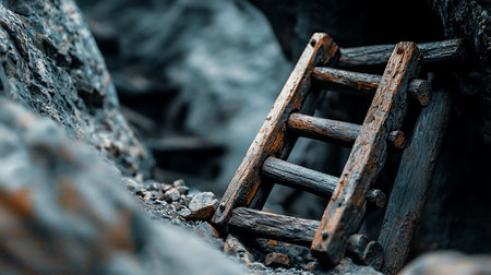 Close-up of a primitive, handmade wooden ladder with a coarse, splintered texture. The dark, worn wood shows orange and brown decay, resting on a bed of small rocks.の素材