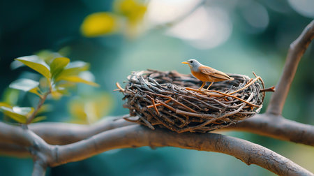 A tiny bird with a grey head, orange breast, and yellow beak stands on the edge of a rustic nest made of intertwined twigs, resting on a textured tree branch.の素材