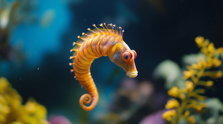 A stunning orange and yellow seahorse with a segmented, curved body, a coiled prehensile tail, large eyes, a tubular snout, and a spiky dorsal fin.の素材