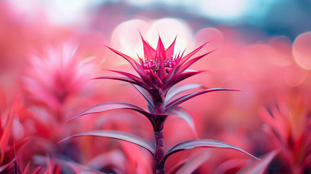 A vibrant, spiky pink and purple flower stands tall with pointed leaves and a crown of petals, showcasing its detailed, glowing center and textured stem.の素材