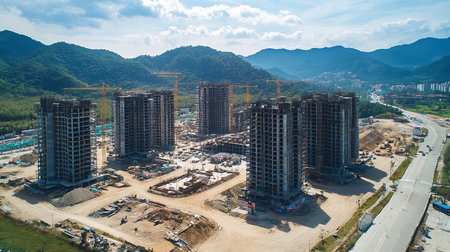 Multiple unfinished concrete high-rise buildings dominate a vast construction site, featuring exposed rebar, raw materials, and numerous yellow tower cranes.の素材