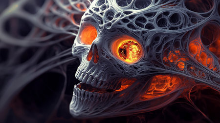 Detailed abstract skull featuring a complex web-like texture and intensely glowing orange-red eyes, emanating internal fiery light.の素材