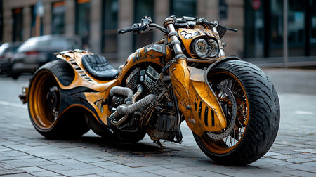 A low-slung custom motorcycle with weathered yellow and black bodywork, an exposed engine with wrapped exhausts, a quilted black seat, and aggressive, futuristic styling.の素材