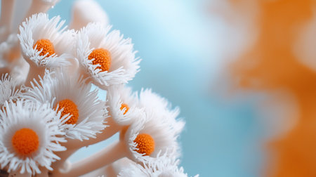 A close-up view of several white flowers with orange centers. The petals are delicate and feathery. The flowers are clustered together.の素材