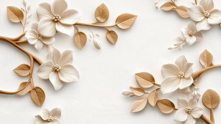 Creamy white flowers with golden leaves arranged on branches, featuring a smooth, glossy texture and a three-dimensional appearance.の素材