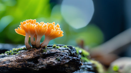 Delicate orange mushrooms with ruffled caps sprout from a dark, textured log covered in moss, showcasing intricate gill details.の素材