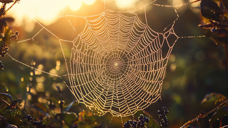 A circular spider web, meticulously crafted with glistening dew drops, is illuminated by warm sunlight. The web's intricate structure is clearly visible.の素材