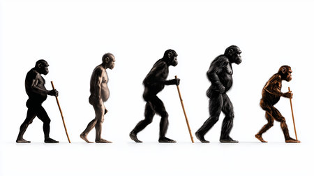 Five distinct figures depicting evolutionary stages, each walking and holding a wooden stick. Shows varying fur textures, skin tones, and postures.の素材