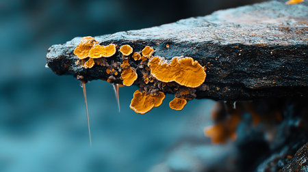 A cluster of vibrant yellow, fan-shaped fungi with white edges grows on a dark, wet, textured rock. Delicate, pointed icicles hang from the edge in a macro view.の素材